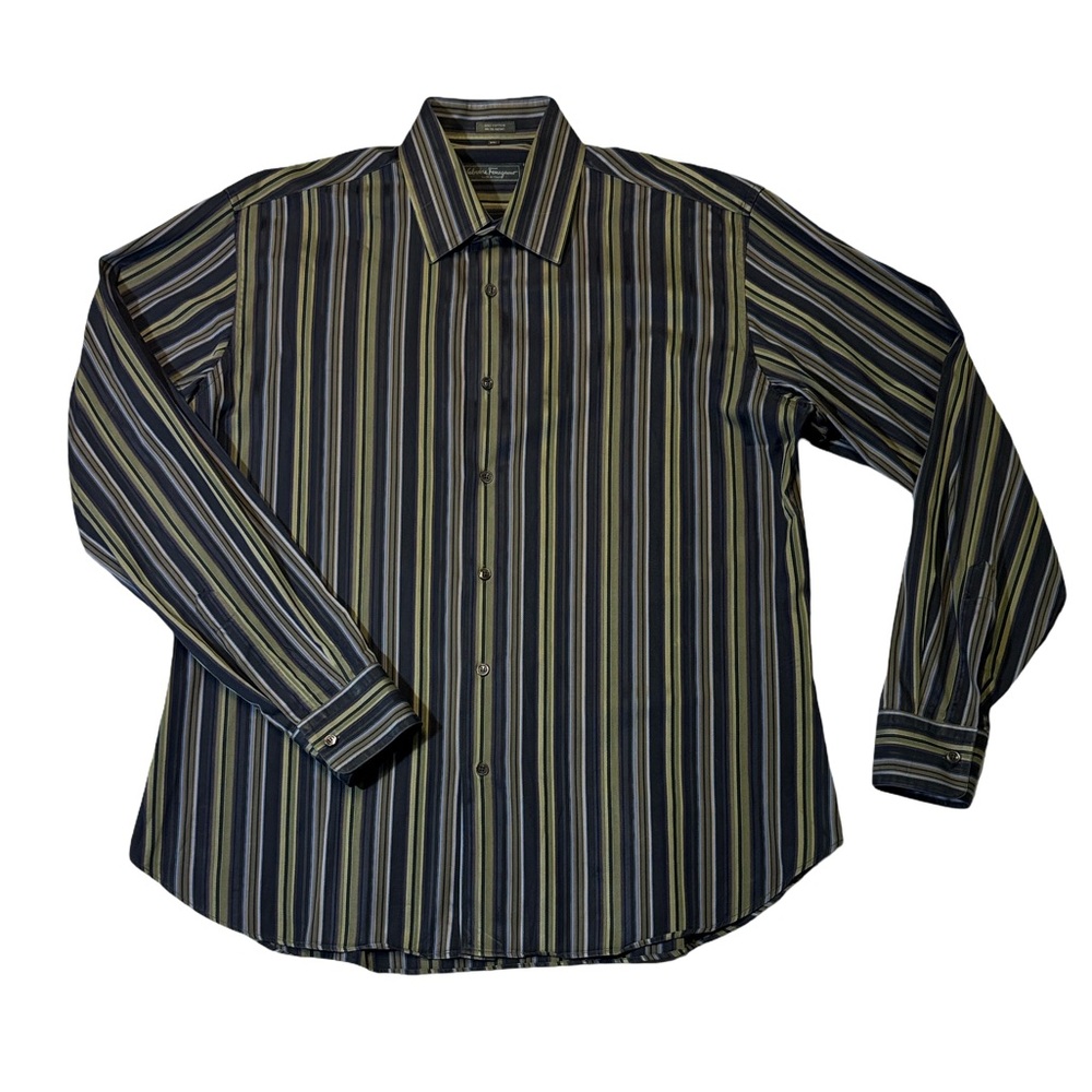 Salvatore Ferragamo mens 2XL XXL blue green stripe cotton button up shirt EUC